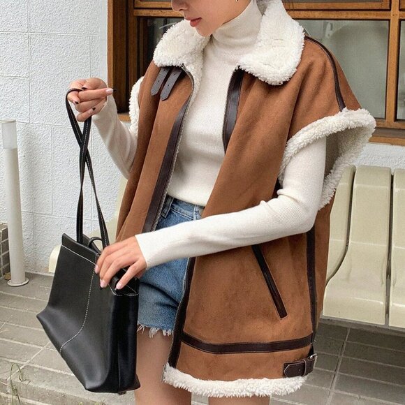 Jackets & Blazers - Coffee Brown Casual Women's Borg Collar Batwing Sleeve Teddy Lined Vest Jacket